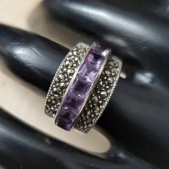 Sterling Silver 925 Twilight Majesty Amethyst and Marcasite Ring