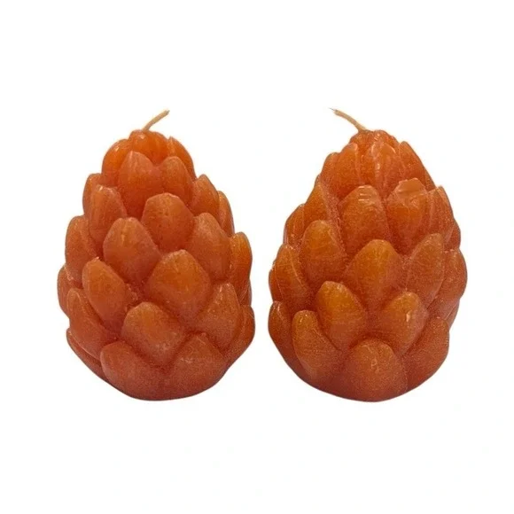 2 Pine Cone Shaped Candles Orange Vtg UNUSED 2.5‎ inch
