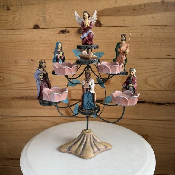 Christmas Candelabra Nativity Set Tree Tea Candle Holder‎ Religious Decor *Flaw