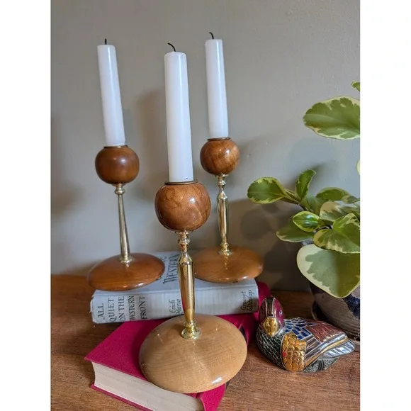 Vintage Mid Century Modern Oregon Myrtlewood Candlestick‎ Holders Set of 3 Gold