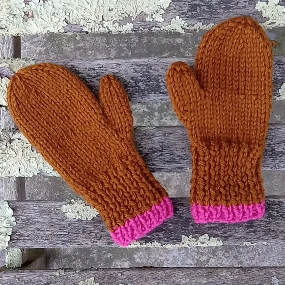 Handmade 100% Wool Handknit Girl's Brown & Pink Stripe Mittens 2-4 Years