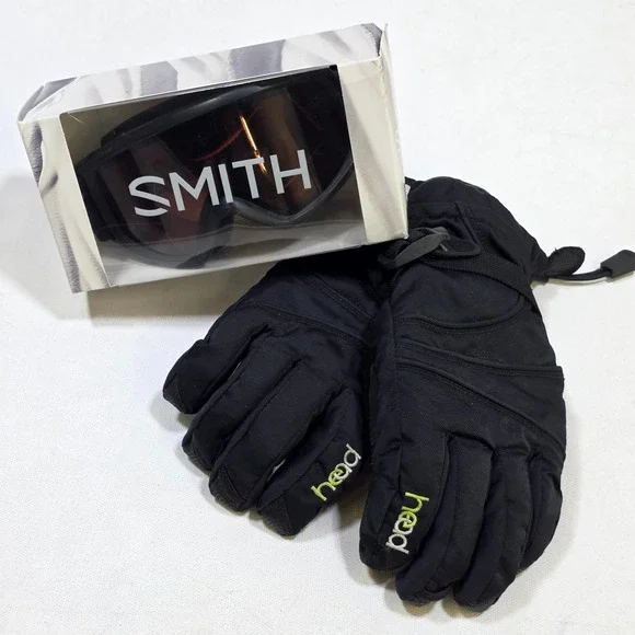 Smith Head Ski Goggles and Gloves Youth Medium Black Snowboard Winter Gear Set