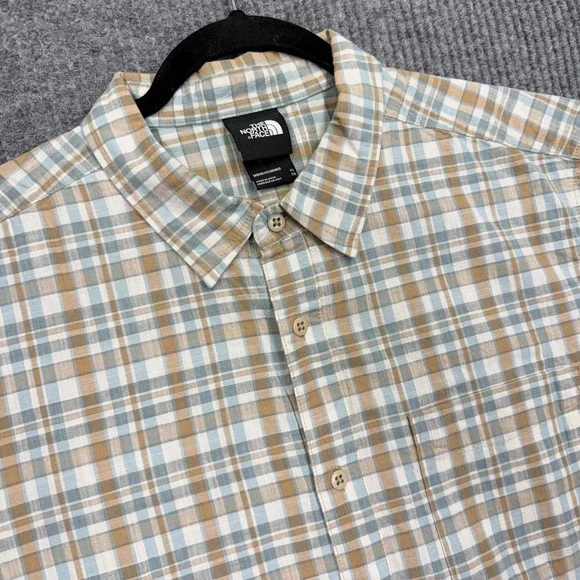 The North Face Mens XL Short Sleeve Plaid Button Down Cotton Shirt Tan Blue