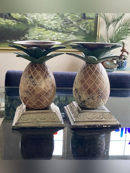 Vtg Metal Pineapple Pillar Candle Holders Set of 2 Bed Bath & Beyond 6.75”