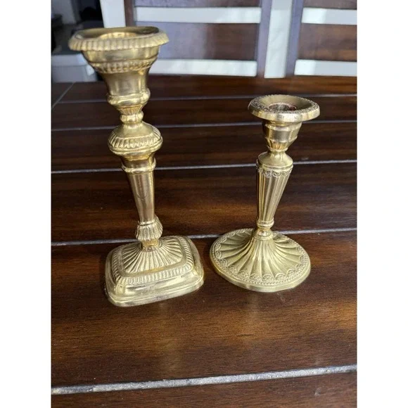 Eclectic Vintage Brass Candlestick Set Louis XVI Style