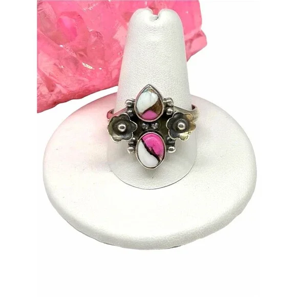 Cotton Candy Kingman Turquoise Flower Ring Size 10 Solid 925 Sterling Silver