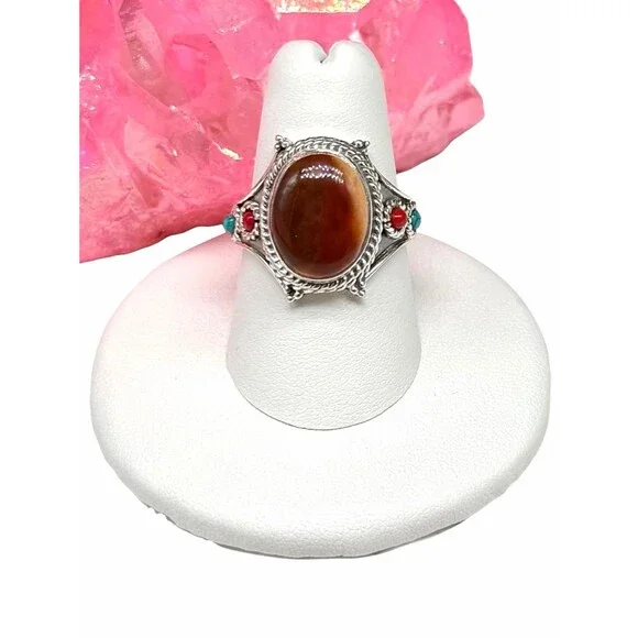 Red Moss Agate Coral & Turquoise Ring Size 7.5 Solid 925 Sterling Silver