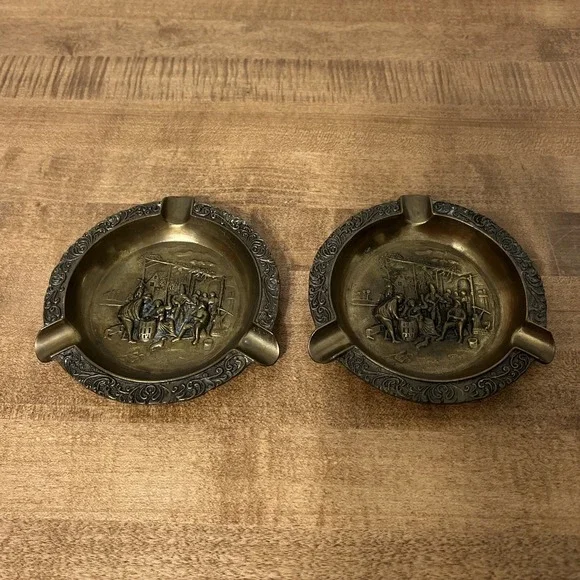 Vintage Lot Of 2 Brass Cigar Ashtray‎ Ornate Grape Wine Celebration Scene