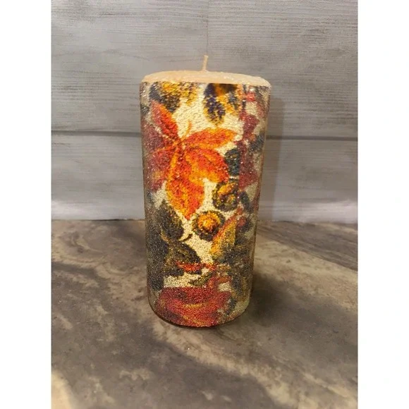 SUGAR FROSTED wax pillar‎ Candle Autumn Leaves