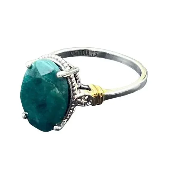 Designer Signed Sterling 925 India YS Natural Green Faceted Prong Beryl Ring‎ 9