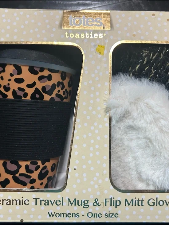 totes Leopard Print Mug & Cream Faux-Fur Flip mitts - glove’s
