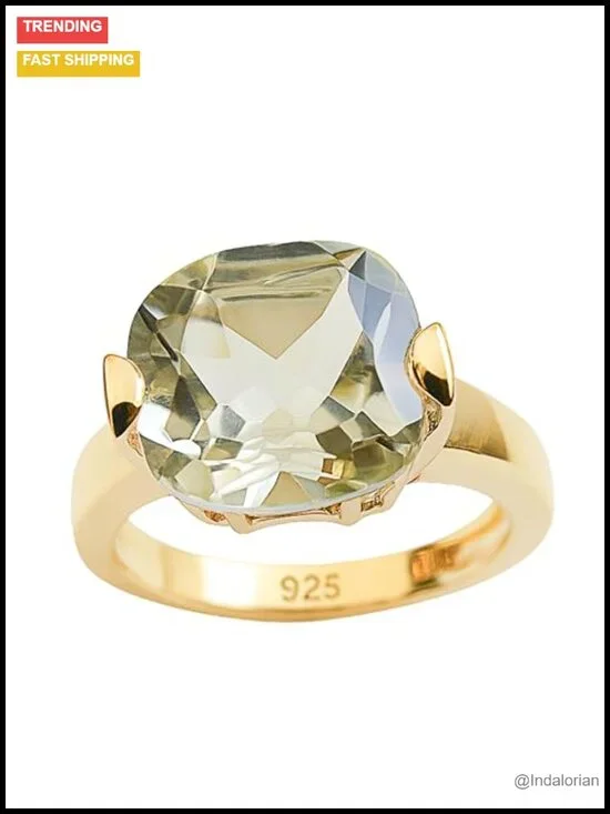 Green Amethyst Cushion Cut Statement Ring 12mm 925 Sterling Silver Gold Plated