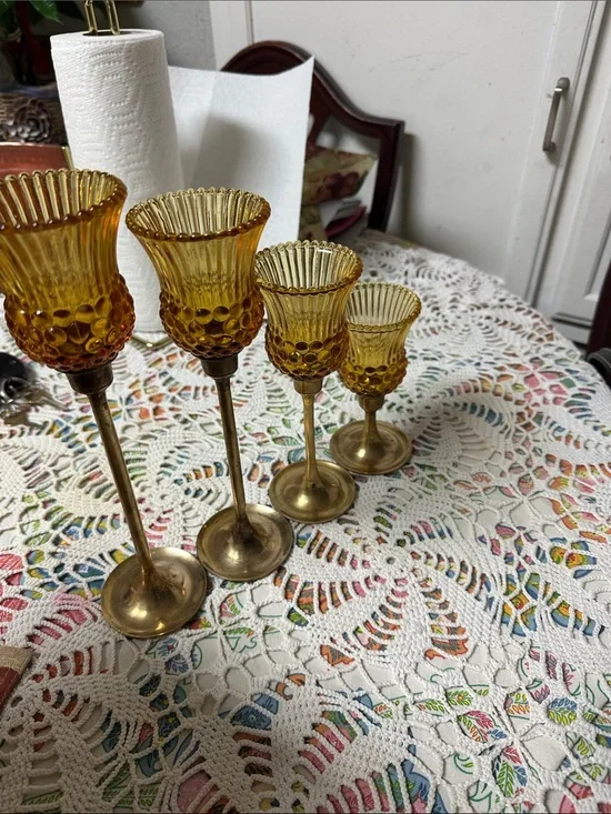 Amber Glass and Brass Candle Holders Set - Elegant Home Accents