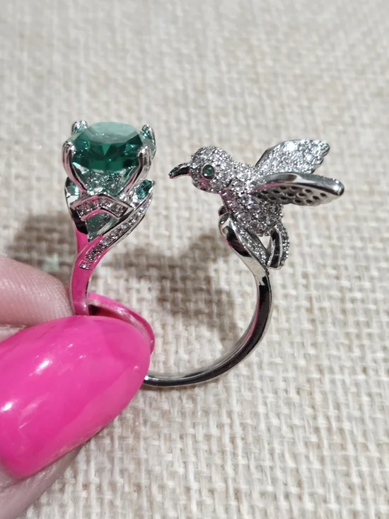 Hummingbird Ring with Green Gem Stone~ Adjustable