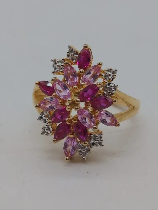 14K Gold over Silver Lab-Created Gemstone Ring Sz 6.75