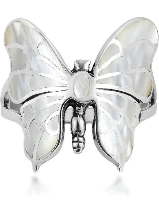 Exotic Butterfly Sterling Silver Ring with White Mother of Pearl Inlay - Sizes