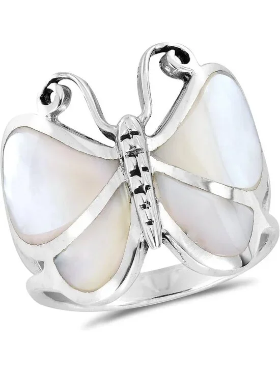 Stunning Butterfly Motif White MOP Statement Ring in .925 Sterling Silver