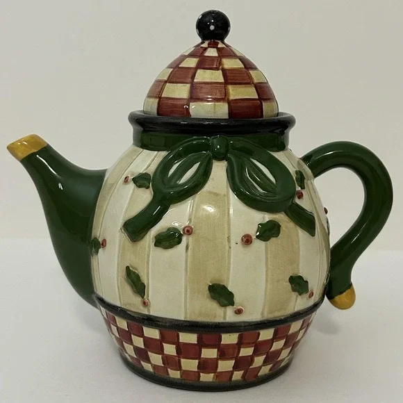 Debbie‎ Mumm Sakura Mini Teapot Christmas Holly Checkerboard Hand Painted
