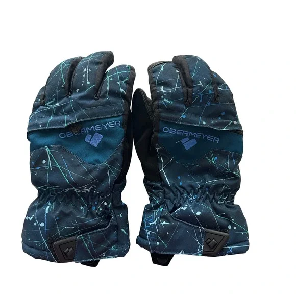 Obermeyer Teen Medium Ski Gloves Blue Teal Paint Splatter Winter Snow Sport