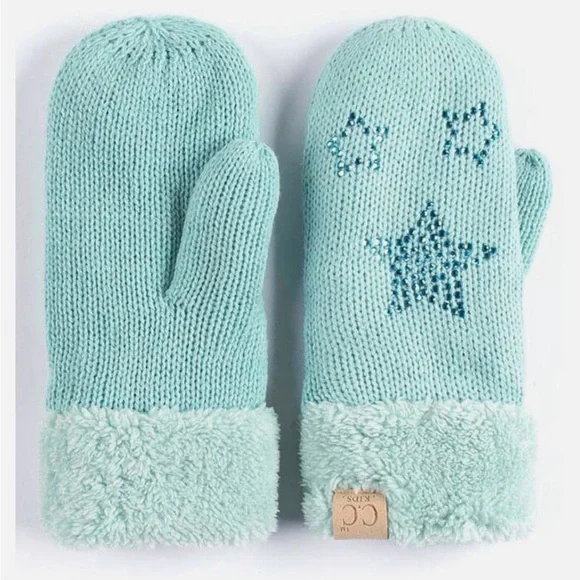 C.C Kids Glove Star Fuzzy Cuff Rhinestone Knit Mitten Gloves Girls Size M-L aqua