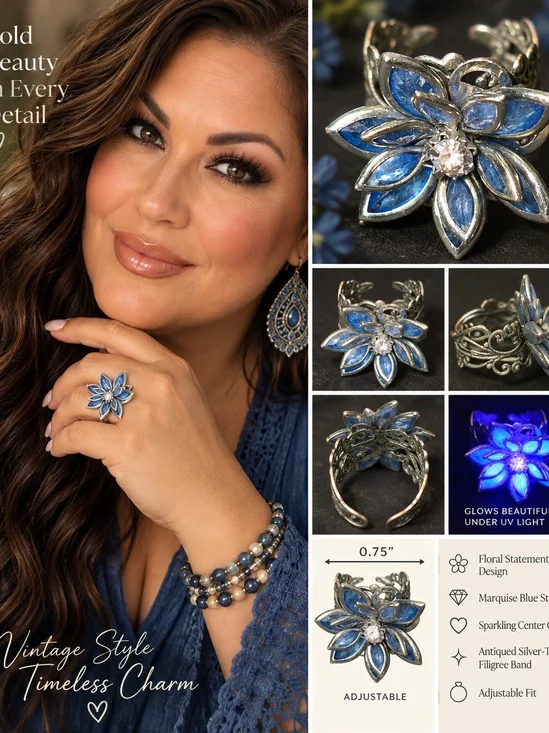 Vintage Style Blue Marquise Crystal Flower Adjustable Statement Cocktail Ring