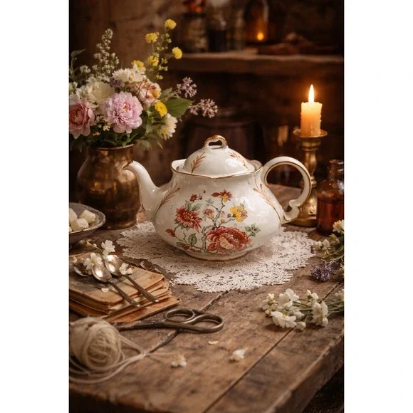 Ellgreave Wood & Sons Floral Teapot Ironstone England Vintage Gold Trim