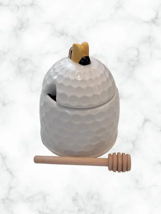 Ceramic Bee and Honeycomb Honey Pot w/ Lid & Wooden Dipper