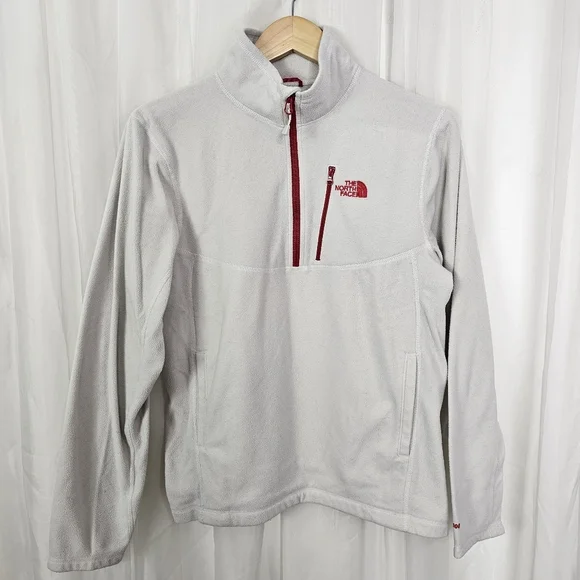 The North Face Men's White Quarter Zip Fleece Pullover Red Trim Size Small