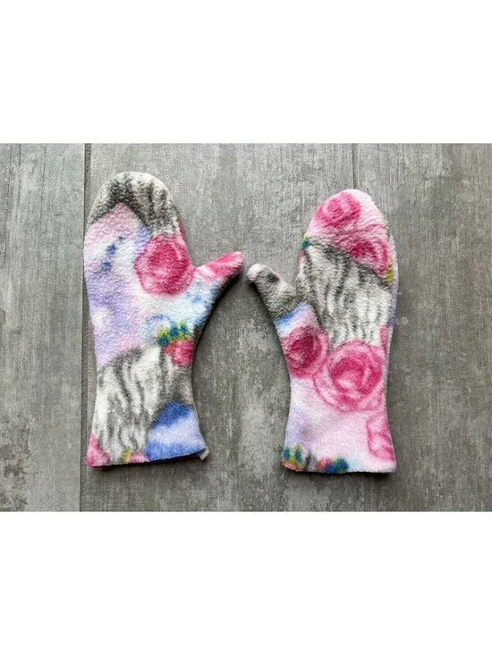 Handmade Upcycled Fleece Felt Mittens Cute Cozy Washable Girly Flower Girls 6-9