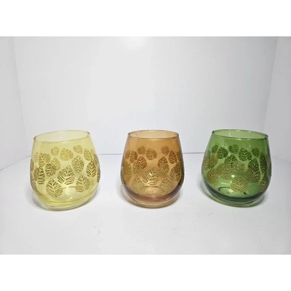 Autumn Leaf Votive Candle Holders Set of 3 Yellow Amber Green Vintage Small 4in