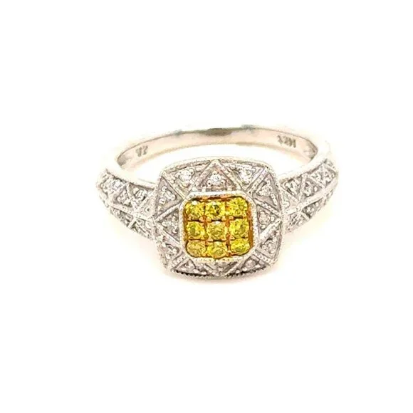 Stunning 14K Gold Yellow & White‎ Diamonds Square Ring