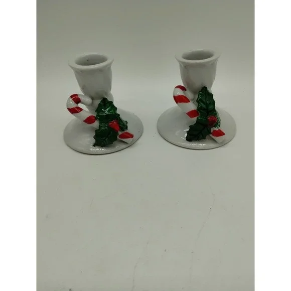 Set Of 2 Christmas Candlesticks Candy Cane Mistletoe White 2.5