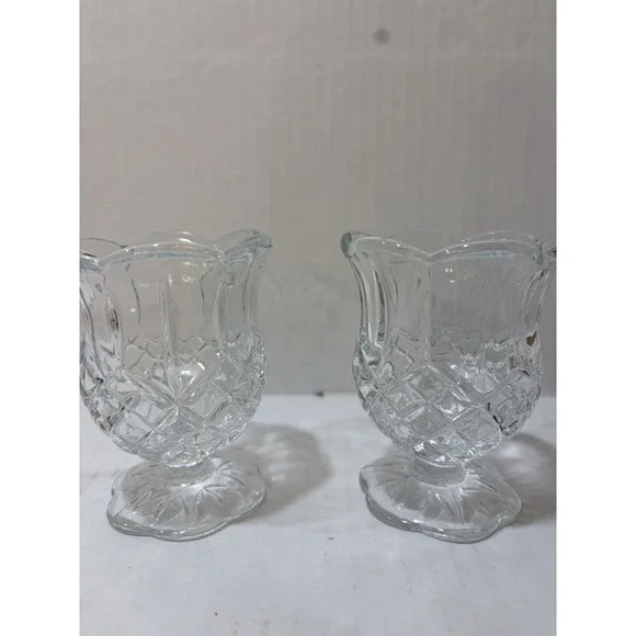 Vintage Homco Pressed Glass Tulip Votive Candle Holders Diamond Cut Set of 2