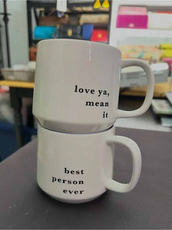 White Ceramic Mug Set with Pastel Interior - Best Person Ever & Love Ya