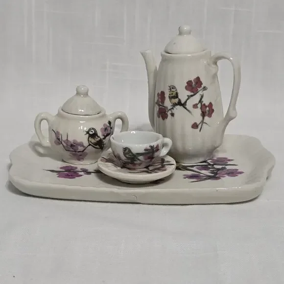 Miniature Ceramic Tea Set Bird Cherry Blossom Teapot Sugar Bowl Cup Saucer Tray