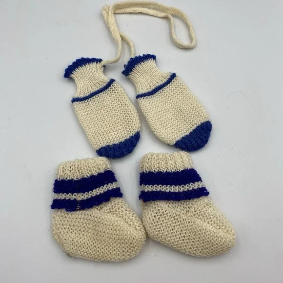 Vintage Baby Knit Booties & Mittens Set Cream Blue Handmade 0-3 Months‎ 1950s