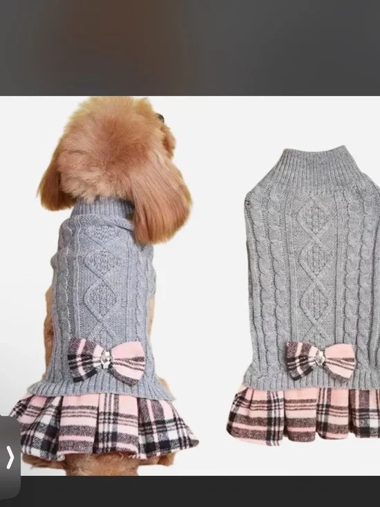 Girls' Knit Cable Dog Sweater with Plaid Ruffle - Gray & Cream