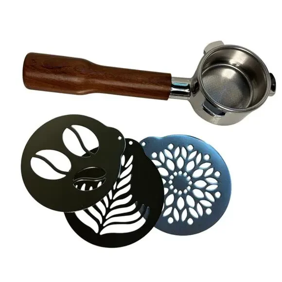 54mm Bottomless Portafilter Coffee Espresso Filter Wooden Handle Latte Stencils