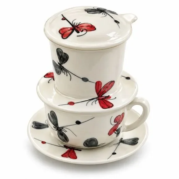 Bát Tràng Vietnamese Ceramic Phin Coffee Filter Cup Saucer Butterfly New