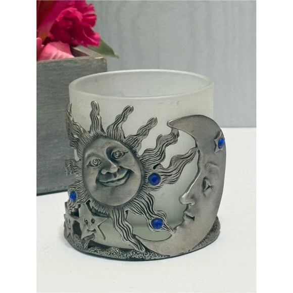 Vintage 90s Pewter Celestial Sun Moon Votive Candle Holder Blue Rhinestones