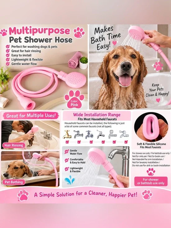 Pink Pet Dog Shower Sprayer Hose Portable Bath Rinse Attachment NEW