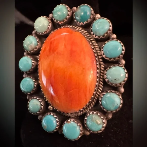 Spiny oyster Orange &‎ genuine, Kingman Turquoise Statement Ring sterling silver