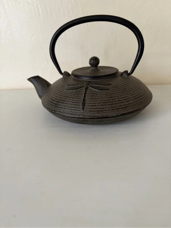 Black Cast Iron Dragonfly Motif Teapot with Curved Handle