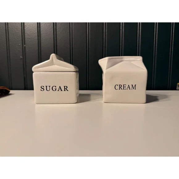 World Market White Ceramic Milk Carton Sugar and Creamer Set Stoneware