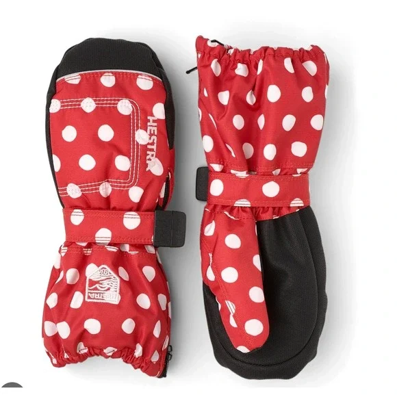 Hestra Baby Zip Long‎ Mittens Red Polka Dot Toddler Size 2 36421-569-02