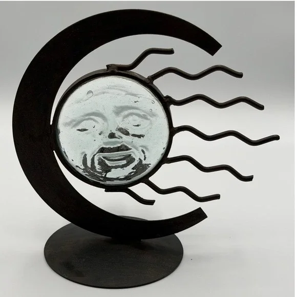 Vintage Celestial Sun and Moon Wrought Iron Glass Face Candle Holder Rustic 9