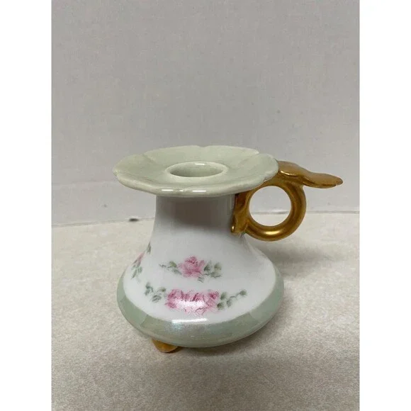 Vintage Vienna Austria Floral Gold Handled Footed Chamberstick Candle Holder