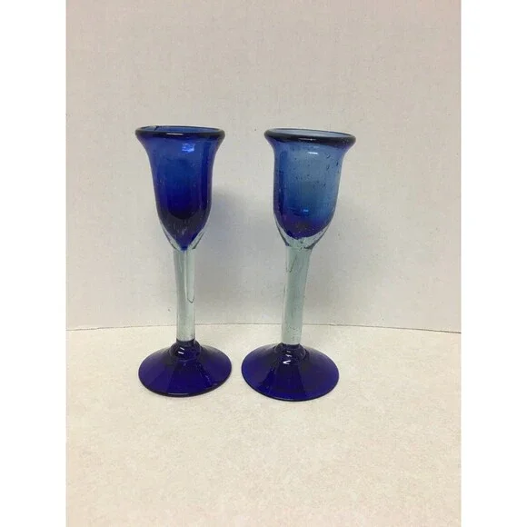 2 Hand Blown Cobalt Blue Clear Glass Candle Holders Clear Stemmed