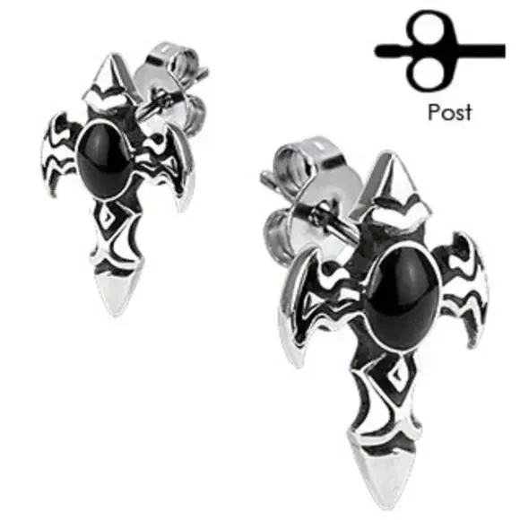 NWOT 316L‎ Surgical Stainless Winged Cross with Onyx Stone Stud Earring