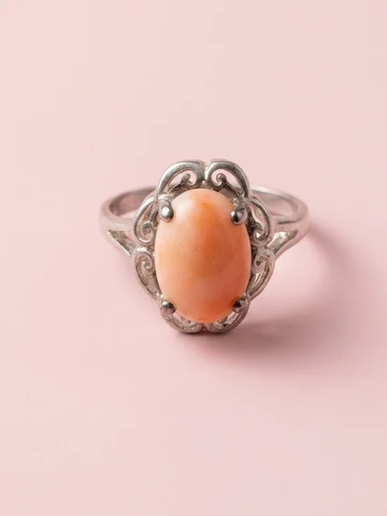 Vintage Peach Coral and Sterling Silver Filigree Ring Size 8